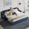 2108 cm 3-Seater Cotton & Linen Pull-out Sofa Bed with Storage – Blue Full Sleeper