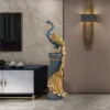 700mm Large Glam Peacock Floor Sculpture Decor Art Living Room Bedroom in Blue & Gold