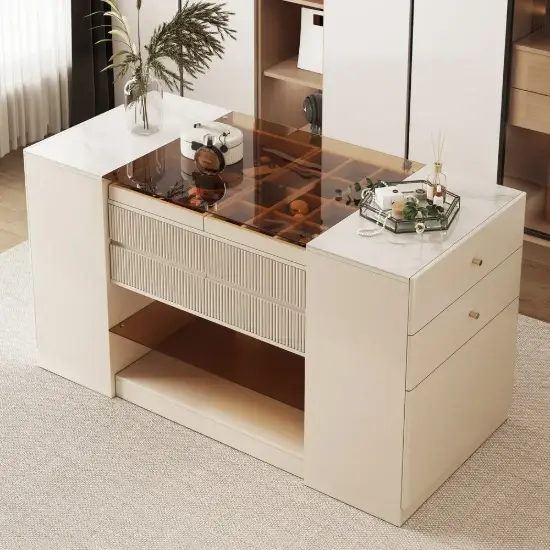 Picture of 153 cm Glass Top Ivory Dresser Walk-in Closet Island with Jewelry Storage