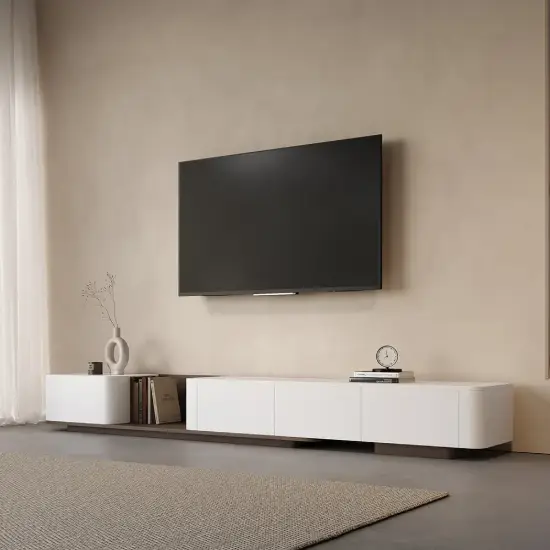 Modern 198 cm - 274 cm Extendable Off-White & Walnut TV Unit with 4 Drawers