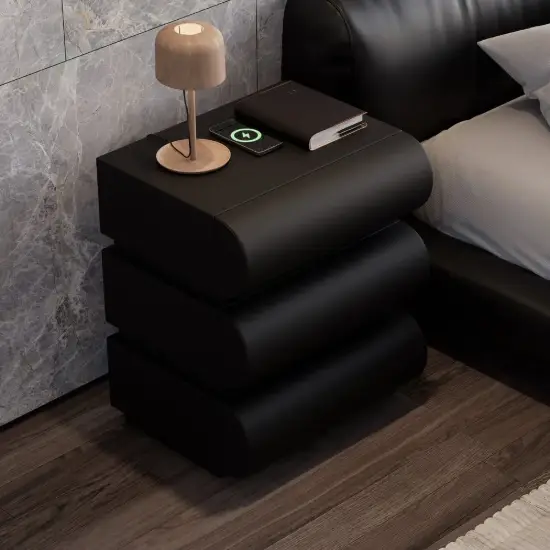 Picture of Humply Black Faux Leather 3-Drawer Nightstand with Charging Station