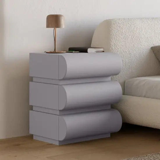 Humply Grey Faux Leather 3-Drawer Nightstand with Charging Station