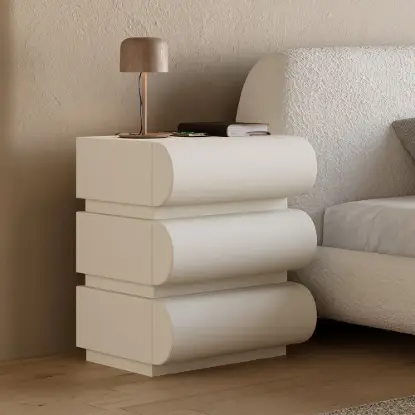 Picture of Humply White Faux Leather 3-Drawer Nightstand with Charging Station