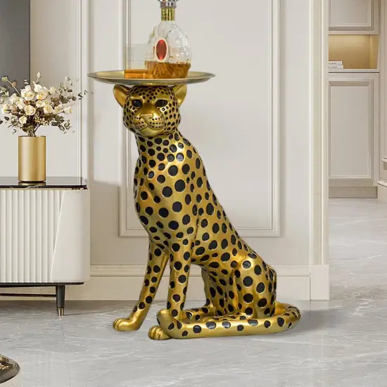 Art Deco 33 cm Round Gold Panther Figurine End Table with Tray Top