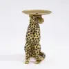 Art Deco 33 cm Round Gold Panther Figurine End Table with Tray Top