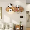 4-Hook Wall Mounted Decorative Panda Coat Rack with 25cm LED Acrylic Clock