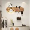 4-Hook Wall Mounted Decorative Panda Coat Rack with 25cm LED Acrylic Clock