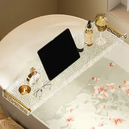 Acrylic Water Ripple Bathtub Tray Clear Bathroom Caddy Shelf with Gold Handles
