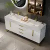 Aro 59" Freestanding Double Bathroom Vanity with Sink, Sintered Stone Top – White – Drawers Doors Faux