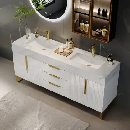 Picture of Aro 59" Freestanding Double Bathroom Vanity with Sink, Sintered Stone Top – White – Drawers Doors Faux