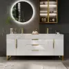 Aro 59" Freestanding Double Bathroom Vanity with Sink, Sintered Stone Top – White – Drawers Doors Faux
