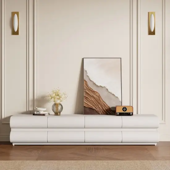 Humply 2000mm Modern Warm White Leather Long TV Stand with 8 Drawers Media Console