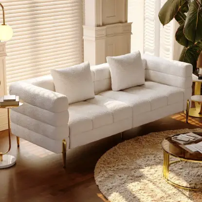 Axial 200 cm Boucle Fluted Sofa with Gold Legs & Pillows – White Upholstered Modular