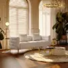 Axial 200 cm Boucle Fluted Sofa with Gold Legs & Pillows – White Upholstered Modular