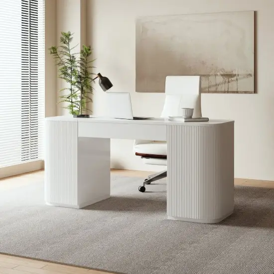 Velign 60" White Standing Computer Desk with 2-Door Storage Cabinet