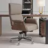 Picture of Modern Ergonomic Khaki Faux Leather Swivel Office Chair with Walnut Wood Accents