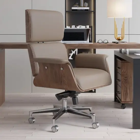 Picture of Modern Ergonomic Khaki Faux Leather Swivel Office Chair with Walnut Wood Accents