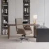 Picture of Modern Ergonomic Khaki Faux Leather Swivel Office Chair with Walnut Wood Accents