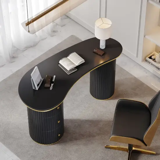 Modern 110 cm Curved Black Wood Desk with 3 Drawers & Fluted Double Pedestal Base