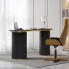 Modern 110 cm Curved Black Wood Desk with 3 Drawers & Fluted Double Pedestal Base