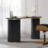 Modern 110 cm Curved Black Wood Desk with 3 Drawers & Fluted Double Pedestal Base