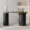 Modern 110 cm Curved Black Wood Desk with 3 Drawers & Fluted Double Pedestal Base