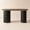 Modern 110 cm Curved Black Wood Desk with 3 Drawers & Fluted Double Pedestal Base