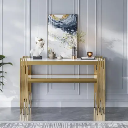 Modern 47" Sintered Stone Narrow Console Table with Storage Shelf & Golden Legs