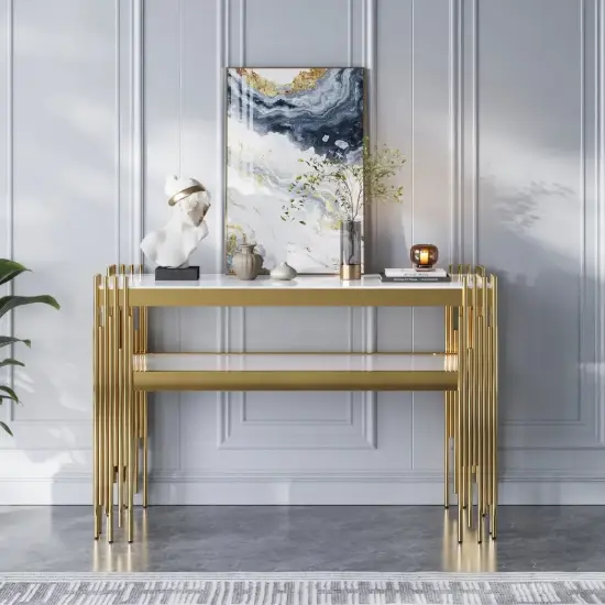 Modern 47" Sintered Stone Narrow Console Table with Storage Shelf & Golden Legs