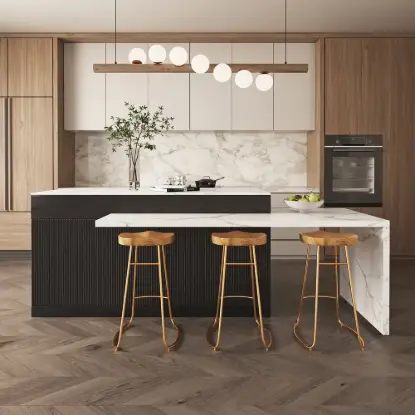Picture of Modern 205 - 270 cm Extendable Marble Pattern Kitchen Island with Doors & Drawers, White & Black