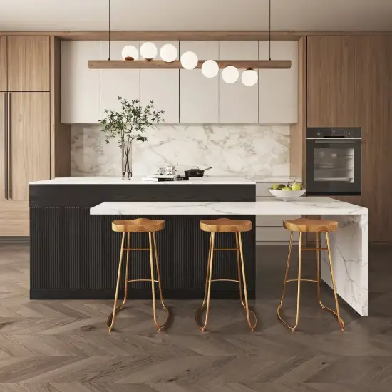 Modern 205 - 270 cm Extendable Marble Pattern Kitchen Island with Doors & Drawers, White & Black
