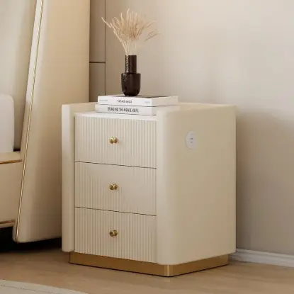 Picture of Vallux White Leather 3-Drawer Nightstand with Sintered Stone Top and USB Port