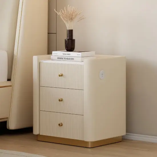 Vallux White Leather 3-Drawer Nightstand with Sintered Stone Top and USB Port