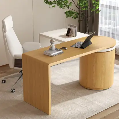Modern 152 cm L-Shaped White & Natural Office Desk with Drawers, Rotating Design