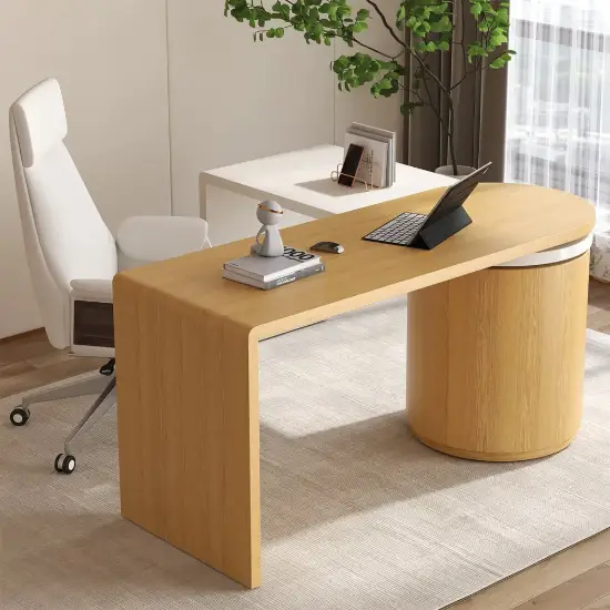Modern 152 cm L-Shaped White & Natural Office Desk with Drawers, Rotating Design