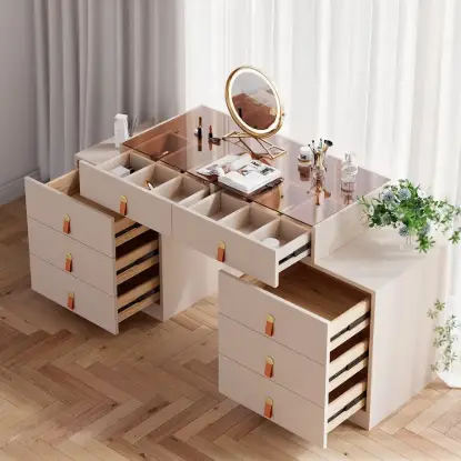 Chanor Retractable Champagne Makeup Vanity Closet Island with Glass Top – AUD-H0893