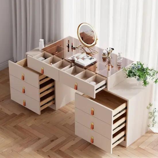 Chanor Retractable Champagne Makeup Vanity Closet Island with Glass Top – AUD-H0893