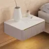 Beige Corduroy Floating Nightstand with Charging Station and Light