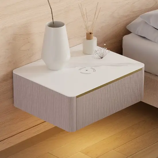 Beige Corduroy Floating Nightstand with Charging Station and Light