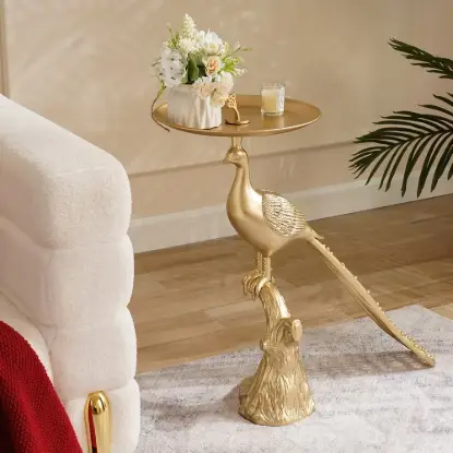 Picture of Peacock Figurine Art Deco Gold Side Table with Tray Top