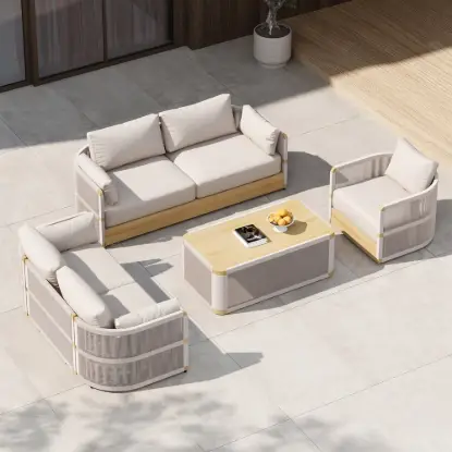 Picture of Costra 4-Piece Outdoor Rope Weave Swivel Sofa Set with Coffee Table in Ivory for 6