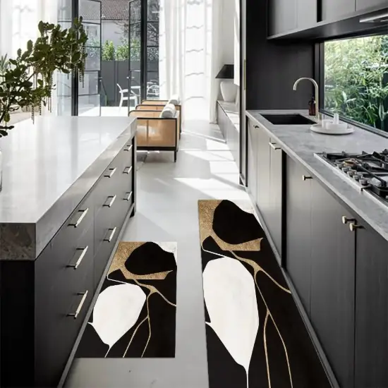 2PCS Abstract Gold&Black Diatom Mud Running Mat Non-slip Absorbent Kitchen Rug Set