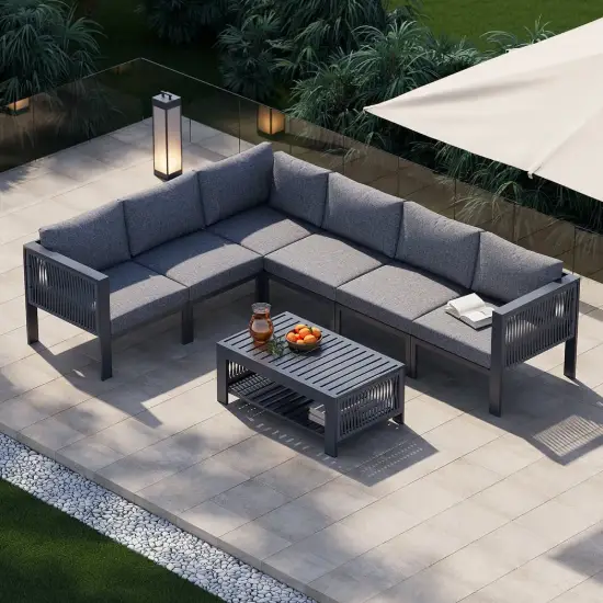 7-Piece Outdoor Aluminium & Rope Weave Modular Sectional Set in Dark Grey