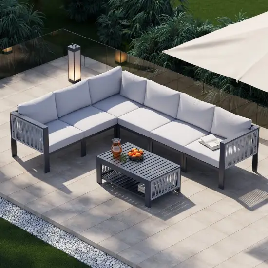 7-Piece Outdoor Aluminium & Rope Weave Modular Sectional Set in Light Grey