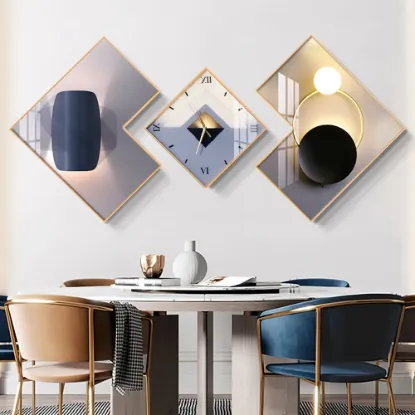 3Pcs Modern Geometric Wall Clock Decor Set Canvas Painting Wall Clocks with Gold Frame – AUD-H0909