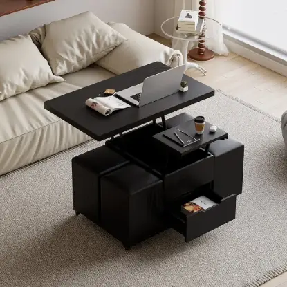 100 cm Lift-Top Foldable Black Coffee Table with 4 Stools & Storage