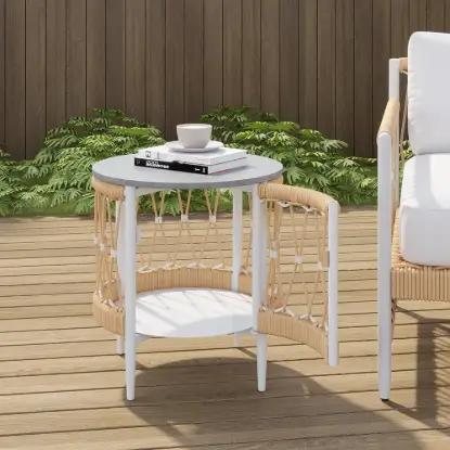 Picture of Ropipe 470mm Round Outdoor Side Table with Storage Patio Weave Rope End Table in Khaki