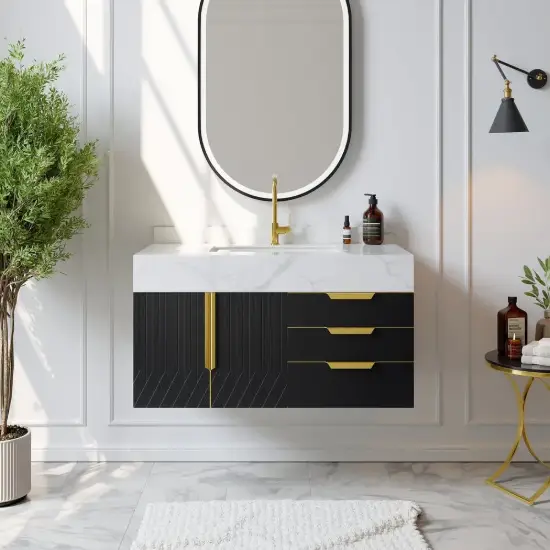 Aro 90 cm Floating Single Bathroom Vanity with Sink, Sintered Stone Top – Black – AUD-H0918