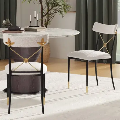 Picture of White Boucle Dining Chair Upholstered Cross Back Curved Side Chair