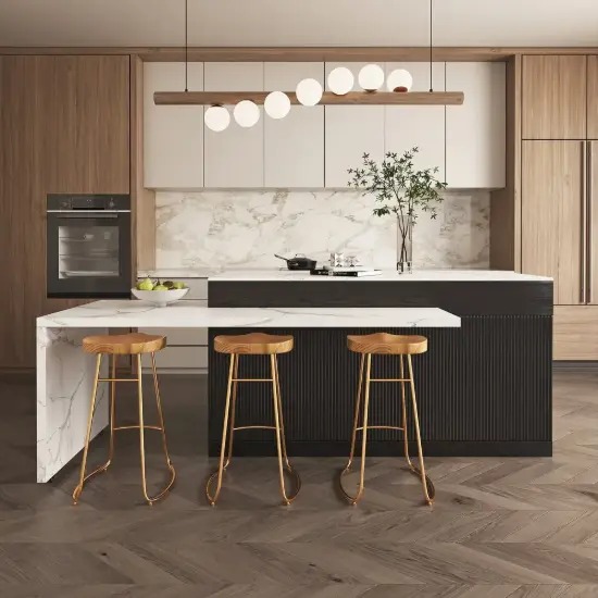 Modern 205 - 270 cm Extendable Marble Pattern Kitchen Island with Doors & Drawers, Black – White